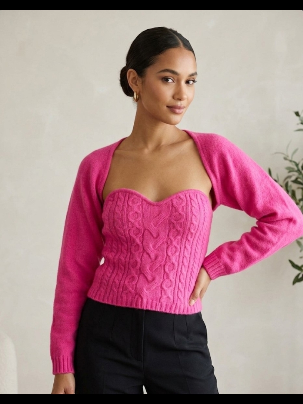 Wayf Hot Pink Cable-Knit Off-the-Shoulder Sweater Top with Bolero